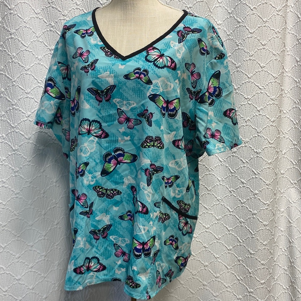 Scrubstar size 2X‎ Butterfly Print V-Neck Scrub Top Teal nursing flowy nurse